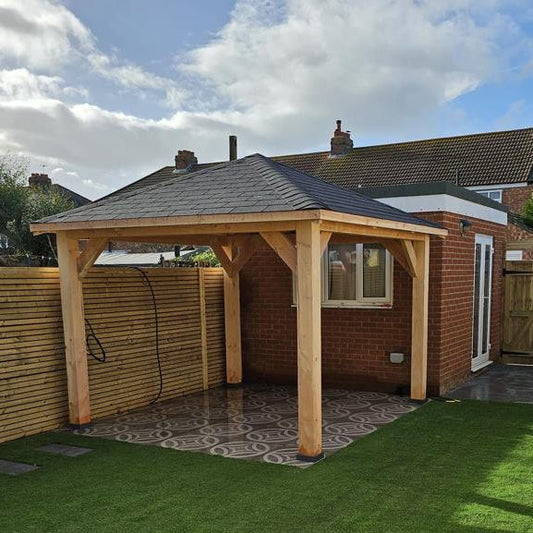3m x 3m Forester Gazebo made from chunky UK larch timber with black felt shingles